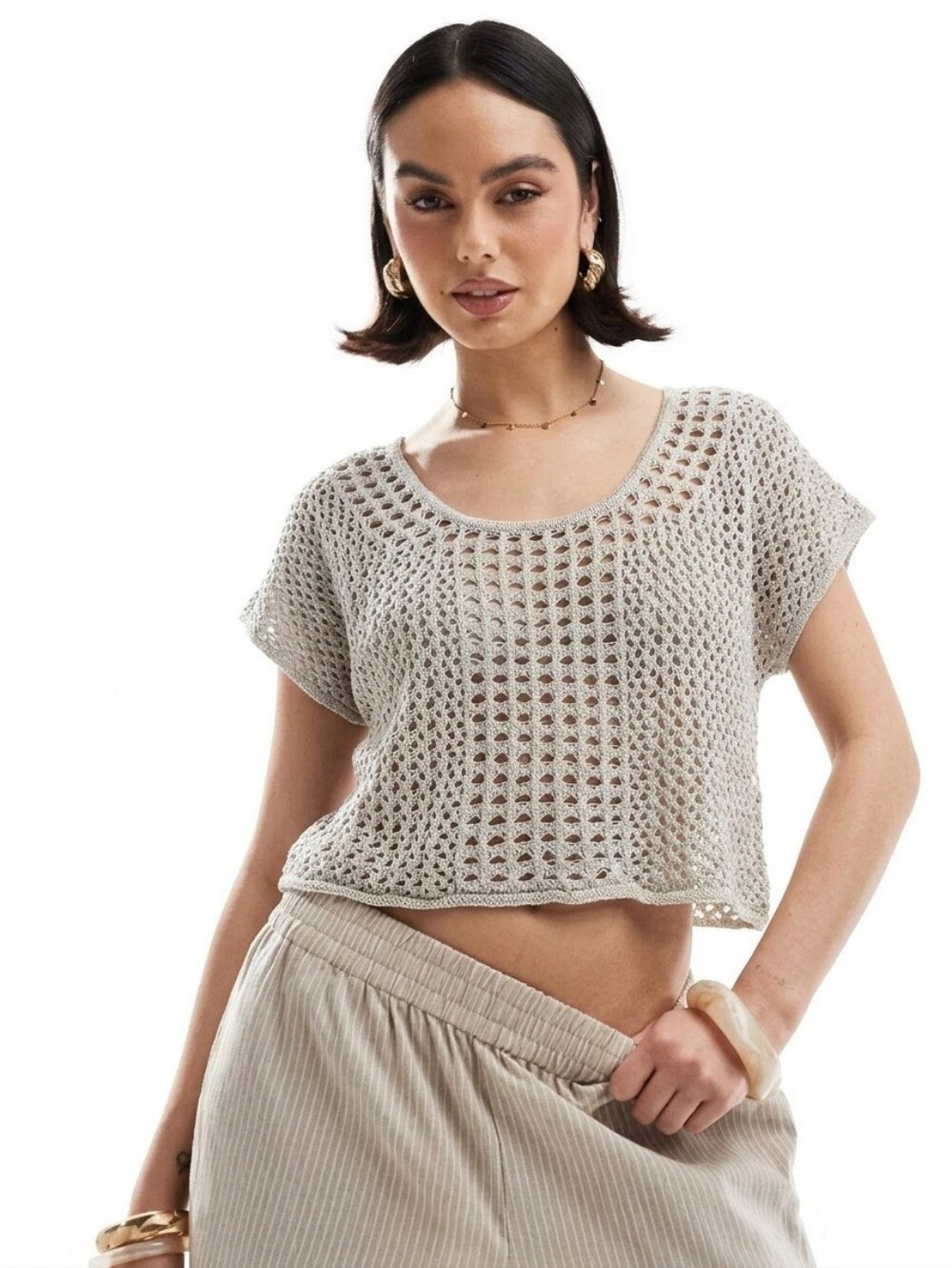 Kensie Beige Crochet Boxy Short Sleeve Women Boho Loose Fishnet Crop Top XL